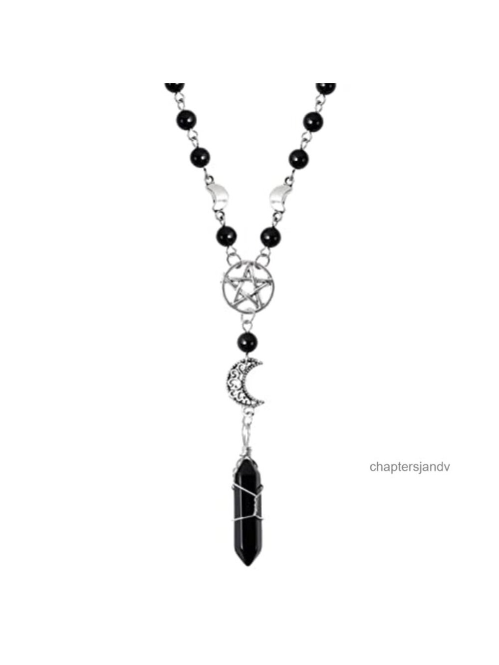 Gothic Crescent Moon Pentagram Crystal Stainless Steel Necklace